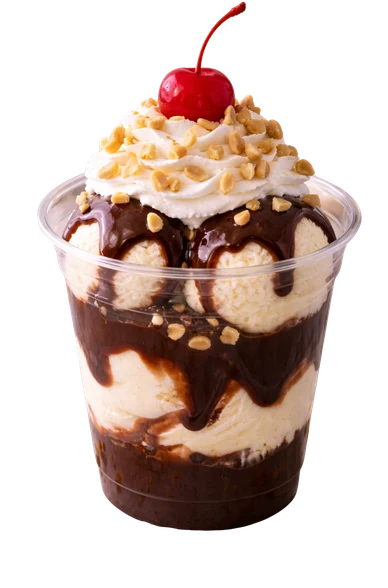 Brownie sundae with hot fudge, chopped peanuts, whipped cream and a cherry