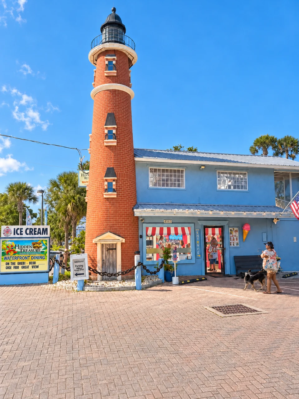 Lighthouse Ice Cream's Ponce Inlet shop and lighthouse in bright daylight